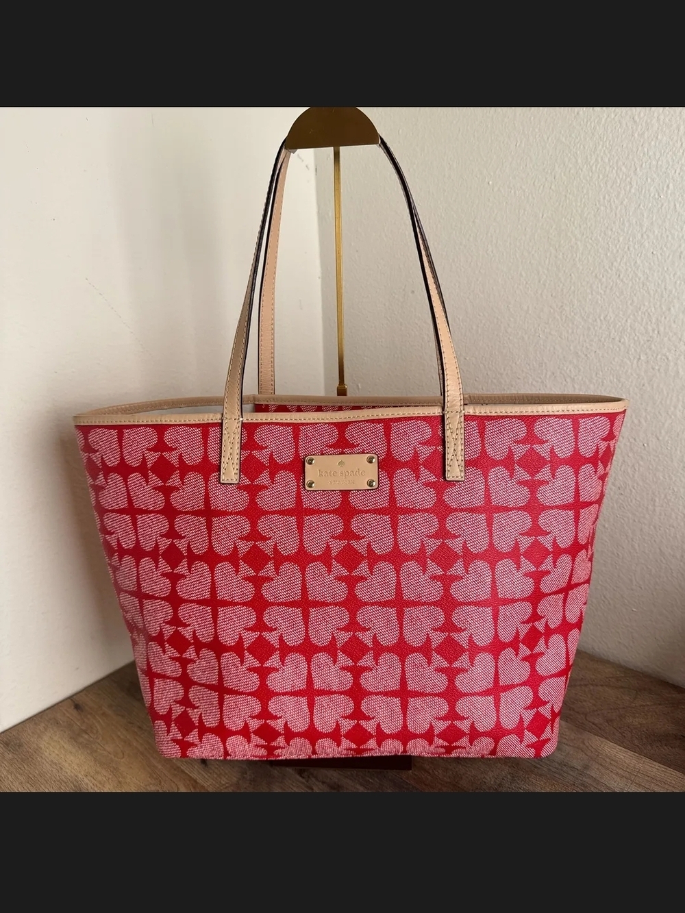 Kate Spade Red Patterned Tote Bag with Beige Trim